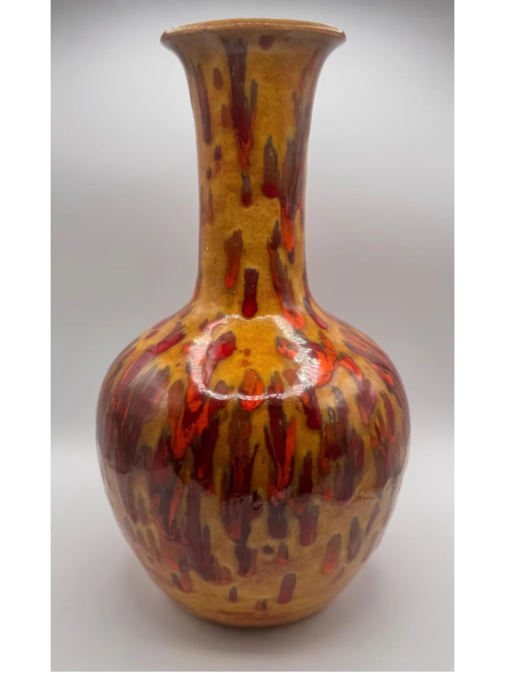 Vintage 1976 Drip Glaze Pottery Vase – Mid Century Oxblood Ceramic 16” Tall